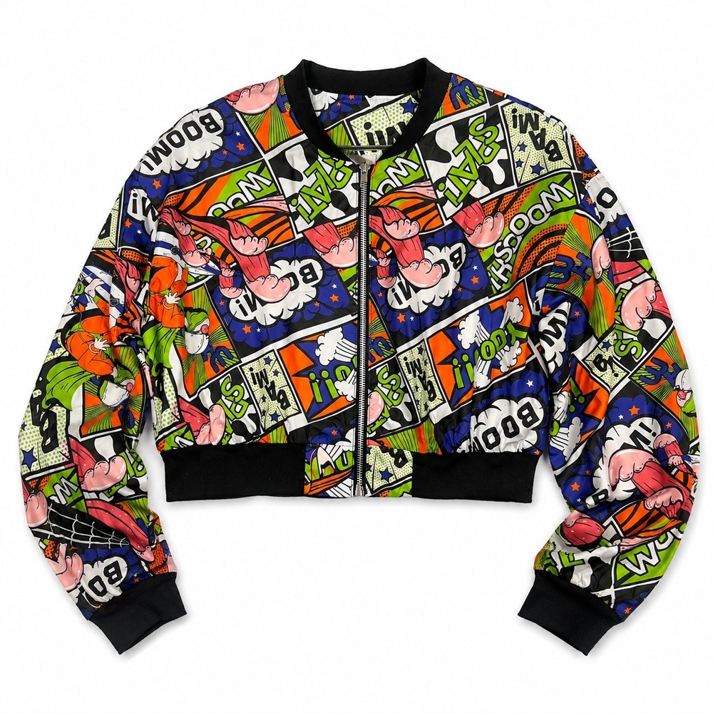 Pop Art Comic Book Print Cropped Bomber Jacket Womens Medium Zip Up Streetwear